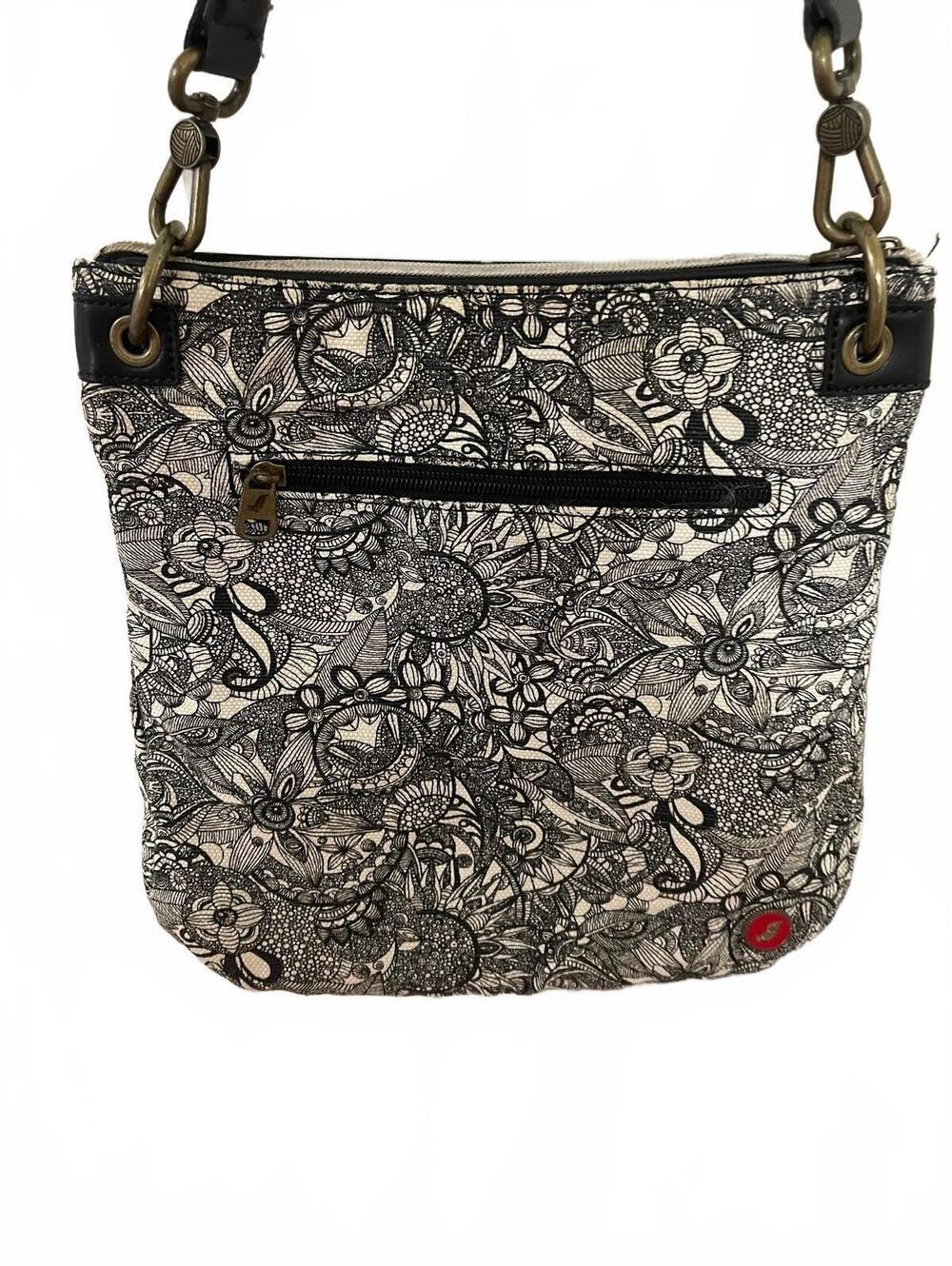 Sakroots Black and White Floral Crossbody Bag with Colorful Tassel Keychain - Picture 2 of 9